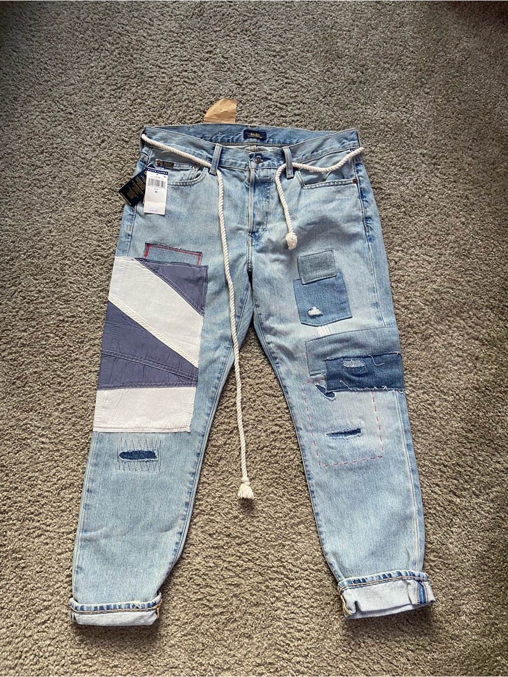 Polo Light Blue Patchwork Jeans with Rope Belt